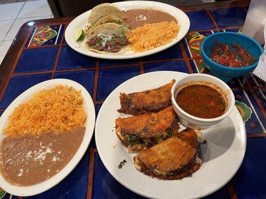 Birria tacos, rice and beans, with tacos de tripa and barbacoa