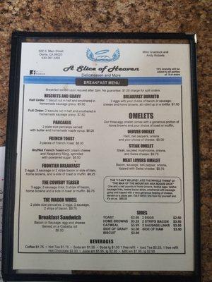 Breakfast menu