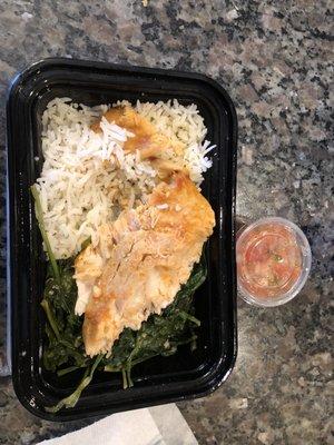 Salmon with cilantro rice and greens