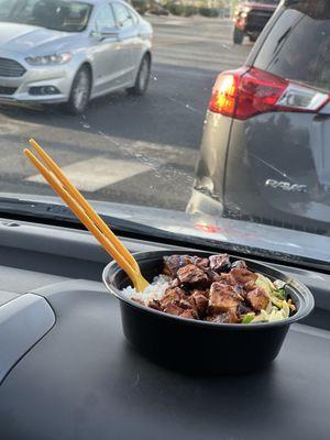 Spicy chicken bowl is also eat in the car friendly! Loving this fork/chopstick combo also!