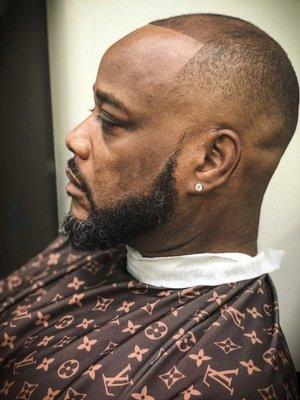 Bald fade and beard with Toppik enhancements by Torrence