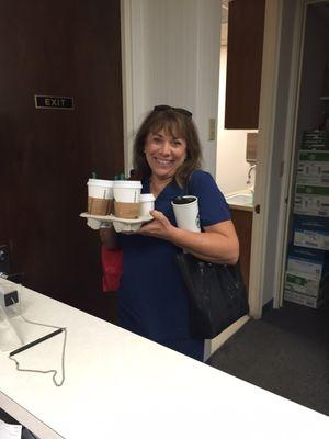 A nice surprise...Sandy the hygienist to the rescue with Starbucks for the team.