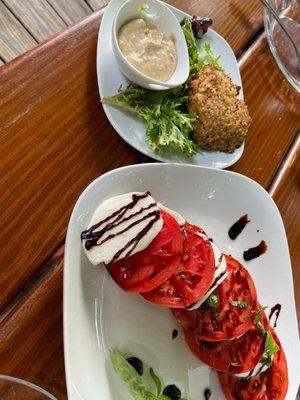 Tomato caprese with mozzarella slices, basil and balsamic glaze.  Gotcha ready now?