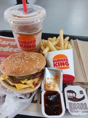 Double cheeseburger, small fries, medium frozen coke, and 2 BBQ sauces