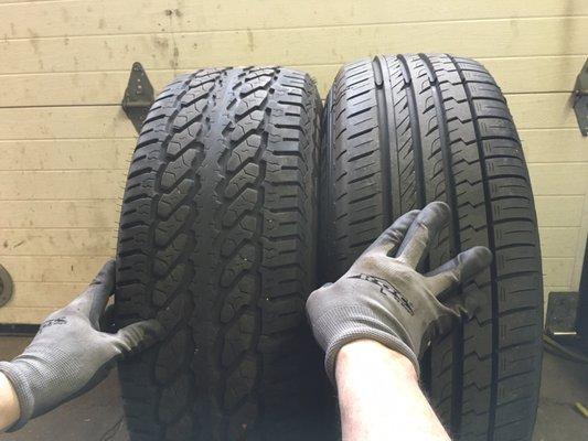 Tire on the left is one that was on the car, tire on the right is the one that was sold to me