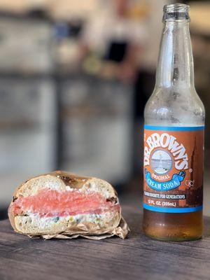 Lox and Bagel with a Dr Brown's cream soda.