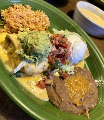 Steak Chimichanga with Spanish rice and refried beans