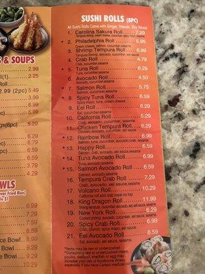 Sushi roll menu