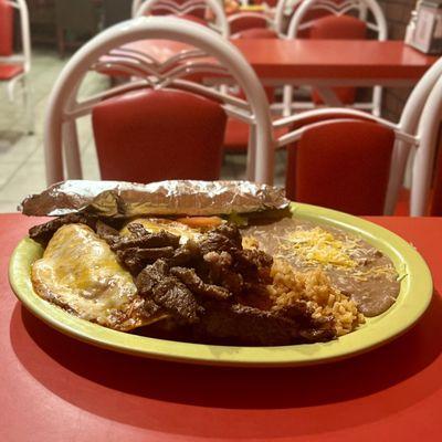 Kaliente Plate, with two ground beef, enchiladas! Delicious and plenty of food!