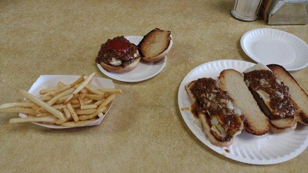 Their side of fries, the cheeseburger and a couple of texas dogs.