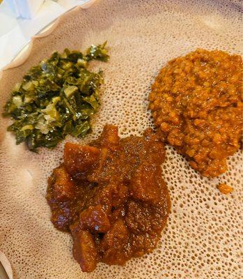 Spicy lentils, spicy potatoes, and collards