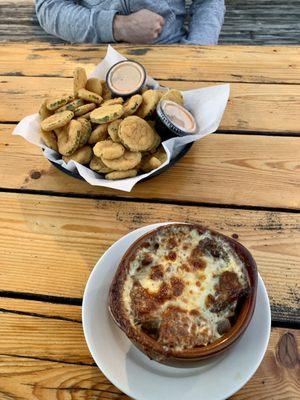 Ale Battered Pickle Chips; Ale & Onion Soup