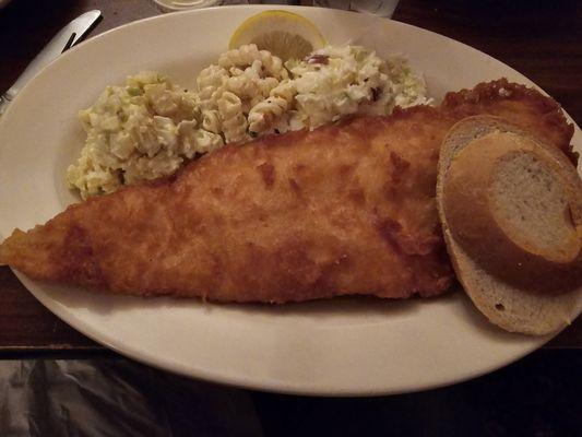 Beet battered fish fry, mac salad, potato salad, coleslaw,rye bread