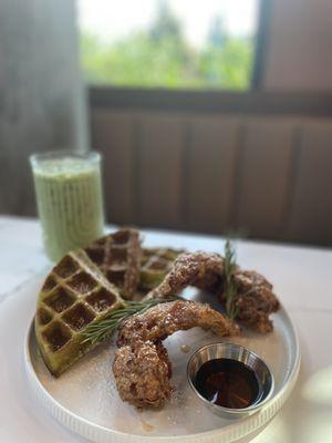 Pandan waffles w/ fried chicken + Matcha latte