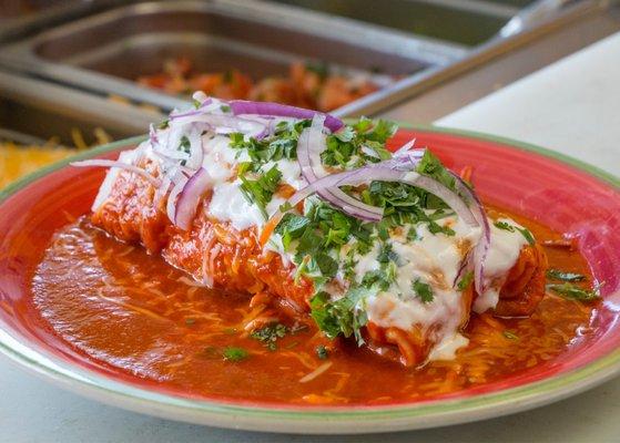 Wet carne asada burrito with a mild Guajillo salsa