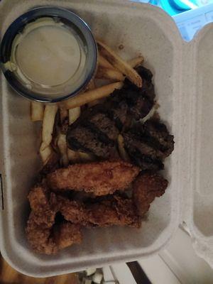 Steak tips were meh, chicken tenders were not edible.