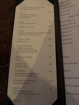 Dessert menu