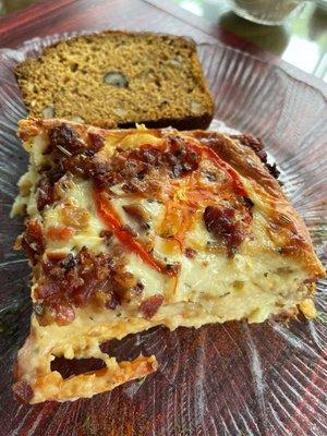 Tomato bacon strata - delicious!!! And pumpkin bread.  Included with your room