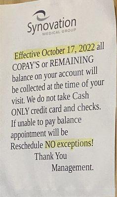 No exceptions. No cash. Checks and Cards only.