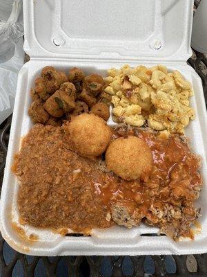 Small BBQ plate with Mac n' Cheese, Fried Okra, hush puppies, and BBQ mash