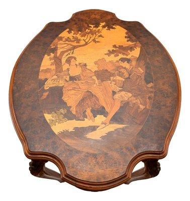 Antique Carved Wood Table With Marquetry Top Depicting A Courting Scene