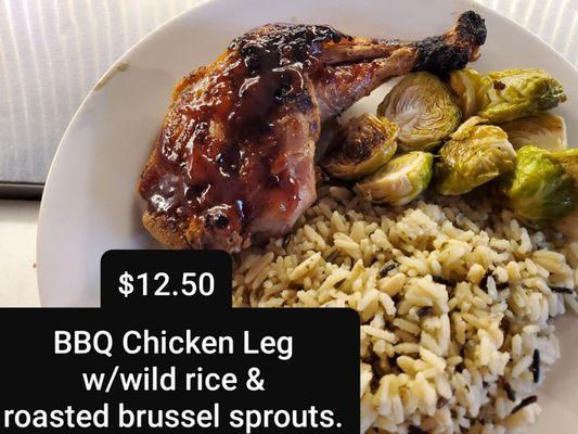 Bbq Chicken w/roasted brussel sprouts and wild rice.