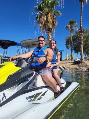 My wife and I on the jet ski we rented.