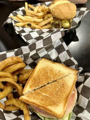 Smash burger and fries and The Sando with onion rings