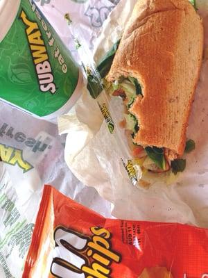 Soda, sunchips and a turkey breast and black forest ham footlong for lunch today. Back to school days lol