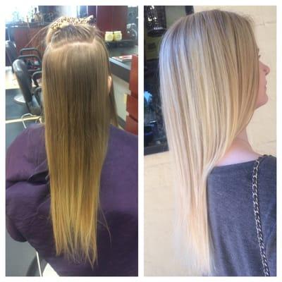 Highlights ridding the yellow out of her hair with Paul Mitchell Purple Shampoo