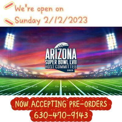 We'll open on Super Bowl Sunday 2/12/2023
11：30 am ～ 8：30 pm