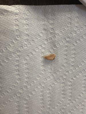 Bone found in dish after 3 bites.