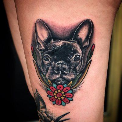 Neo trad/realism frenchie mix tattoo for booking email inkbytrip@gmail.com