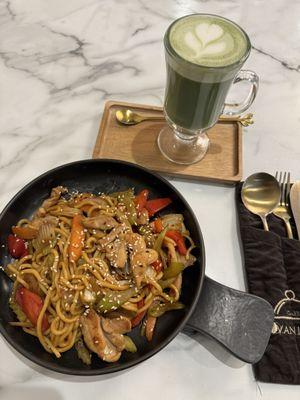 Wok Chicken & Oat-Milk Matcha Latte.