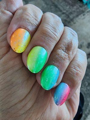 Beautiful multi color ombre with chrome and glitter top coat.