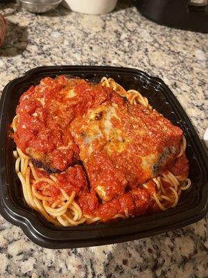 Chicken Parmigiana with a side of spaghetti