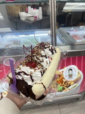 Banana Split - your pick of three different ice cream flavors. 1 scoop is huge! So yummy.