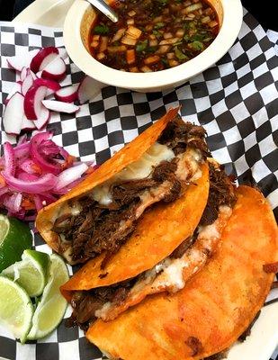 Delicious Brisket Birria Tacos and consome served every Friday, Saturday & Sunday