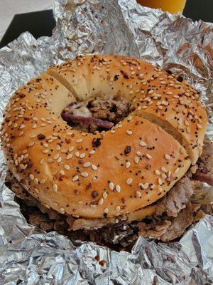 Steak egg and cheese bagel