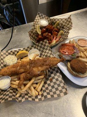 Fish and chips cauliflower wings and a Crabbie Pattie Sandwich with spicy Irish sauce