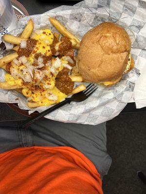 Chili cheese fries and cheeseburger