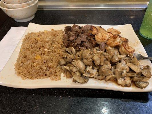 Hibachi Steak & Shrimp combination meal with fried rice & only mushrooms for vegetables