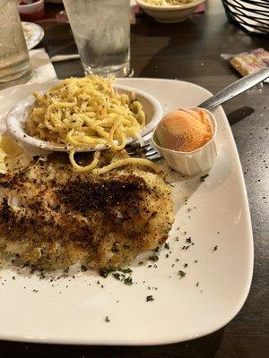 Charbroiled fish with homemade linguine .