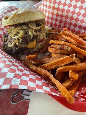 Double steak burger with Sweet Potato Fries