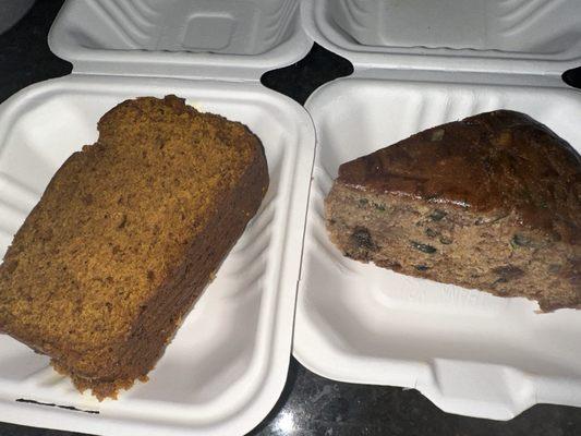 From left Pumpkin bread and Zucchini Cake