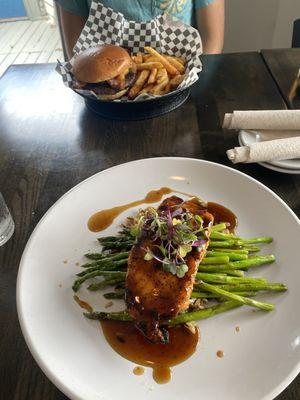 bourbon glazed salmon and smoked heifer burger