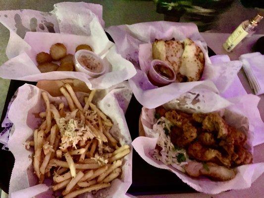 Fried pickles,Garlic parm fries,garlic cheese bread Pupu chicken.Pretty good