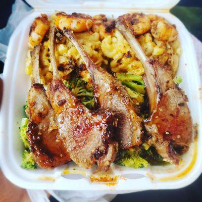 Half Rack of Lamb Chopa with Shrimp, sides of Mac and cheese and broccoli