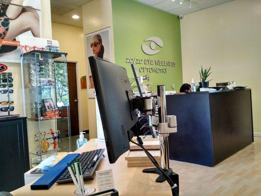 Front desk and prescription counter for glasses.