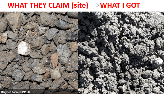 claimed to be "100% crushed concrete." but it's mostly dirt. website pic is on the left. actual received is on the right